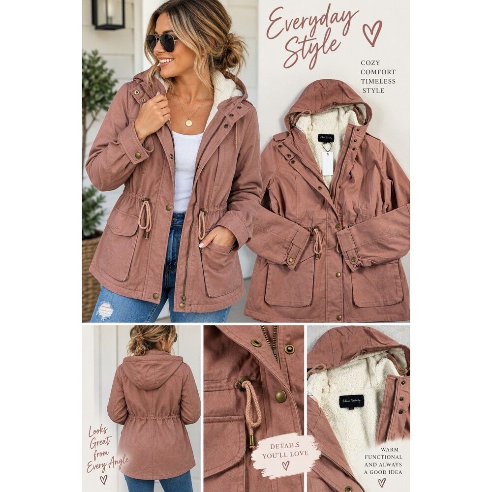 NWT Eden Society Pink Hooded Fleece Lined Utility Jacket Stitch Fix Size X-Large
